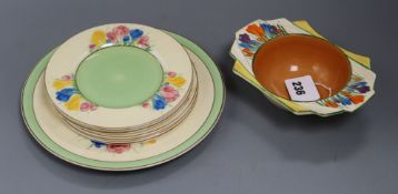 A Clarice Cliff crocus pattern part tea set and bowl