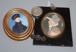 A French silver box, a brooch and two miniature portraits