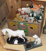 A collection of reproduction Staffordshire animals and sundry ceramics, comprising a pair of hounds,