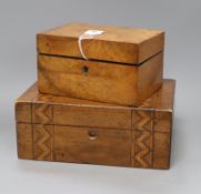 A walnut chemist's box and an mahogany inlaid box longest 29.5cm