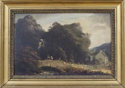 19th century English School, oil on millboard, Figures in a Welsh landscape, 19 x 30cm