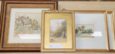 Two pairs of watercolours of cottages and a print after Birket Foster