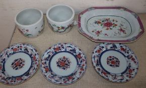 A pair of 19th century Chinese famille rose jardinieres, an 18th century Chinese famille dish and