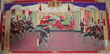 Japanese School, 3 triptych woodblock prints, Figures in gardens and soldiers in attendance, 34 x