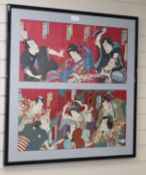 Japanese School, 4 triptych woodblock prints, Kabuki studies, 35 x 70cm, housed in two frames