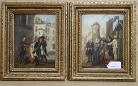 After Gabriel de St Aubin, pair of oils on wooden panels, The Travelling Quack and The Itinerant