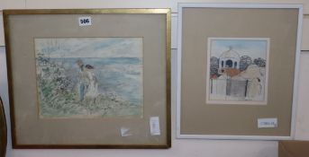Eleanor Bellingham Smith, watercolour, Couple by the sea, 22 x 28cm and a sketch of Glynde Place