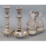 A quantity of plated wares including a pair of candlesticks