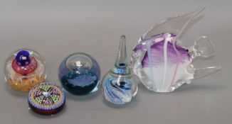 A Caithness 'Ozone' glass paperweight, boxed, a Perthshire example, two other paperweights and a
