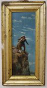 Late 19th century English School, oil on panel, Couple on a cliff top, monogrammed, 43 x 16cm