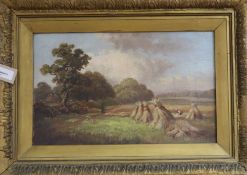 English School (19th century), landscape with corn stooks and figures, initialled 'JCD' l.l, oil