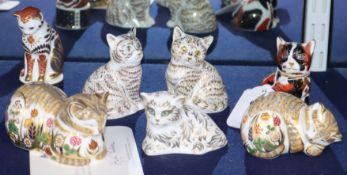 Six Crown Derby Cat and Kitten paperweights and a Royal Worcester snuffer