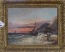 English School (19th century), sunset coastal scene with boat, fishermen mending a broken