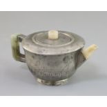 A Chinese pewter mounted Yixing teapot, Daoguang mark and of the period (1821-50), the body engraved