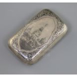 A late 19th century Russia 84 zolotnik silver and niello cigarette case, decorated with a view of