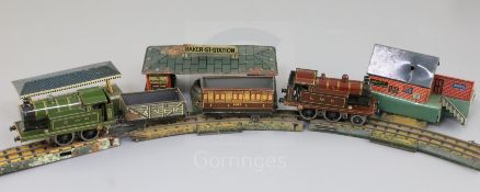 A Bing 00 gauge tinplate electric train set, with track, two tank engines, Baker Street Station