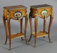 A pair of Louis XVI style ormolu mounted satinwood gueridons, both with rising lids, one fitted as a