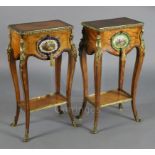 A pair of Louis XVI style ormolu mounted satinwood gueridons, both with rising lids, one fitted as a