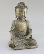 A Chinese bronze seated figure of Buddha Shakyamuni, 17th century, H. 25cm, small losses
