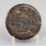 An unusual Chinese export tortoiseshell snuff box, 19th century, the cover carved in relief with a