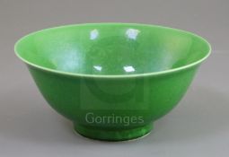A Chinese green glazed bowl, Chenghua mark but later, crystalline crackle to the glaze all over,