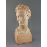 H. Bargas. A French Art Deco terracotta head of a classical beauty, signed, height 19in.