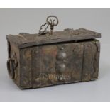 A 19th century 17th century style iron strong box, painted with tulips and other flowers, the lid