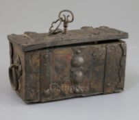 A 19th century 17th century style iron strong box, painted with tulips and other flowers, the lid