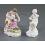 Two Rockingham porcelain figures of a girl seated with a lamb and a boy seated on a basket, c.