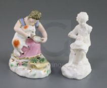 Two Rockingham porcelain figures of a girl seated with a lamb and a boy seated on a basket, c.