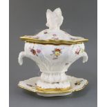 A rare Rockingham porcelain cream bowl, cover and stand, c.1830, moulded with primrose leaves, and