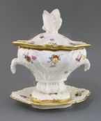 A rare Rockingham porcelain cream bowl, cover and stand, c.1830, moulded with primrose leaves, and