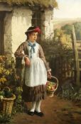 Johan Seyler (19thC.)oil on canvasGirl holding a basket of fruit standing beside a cottage