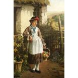 Johan Seyler (19thC.)oil on canvasGirl holding a basket of fruit standing beside a cottage