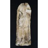 A Nottingham alabaster plaque, carved with the body of a medieval lady holding a book, traces of
