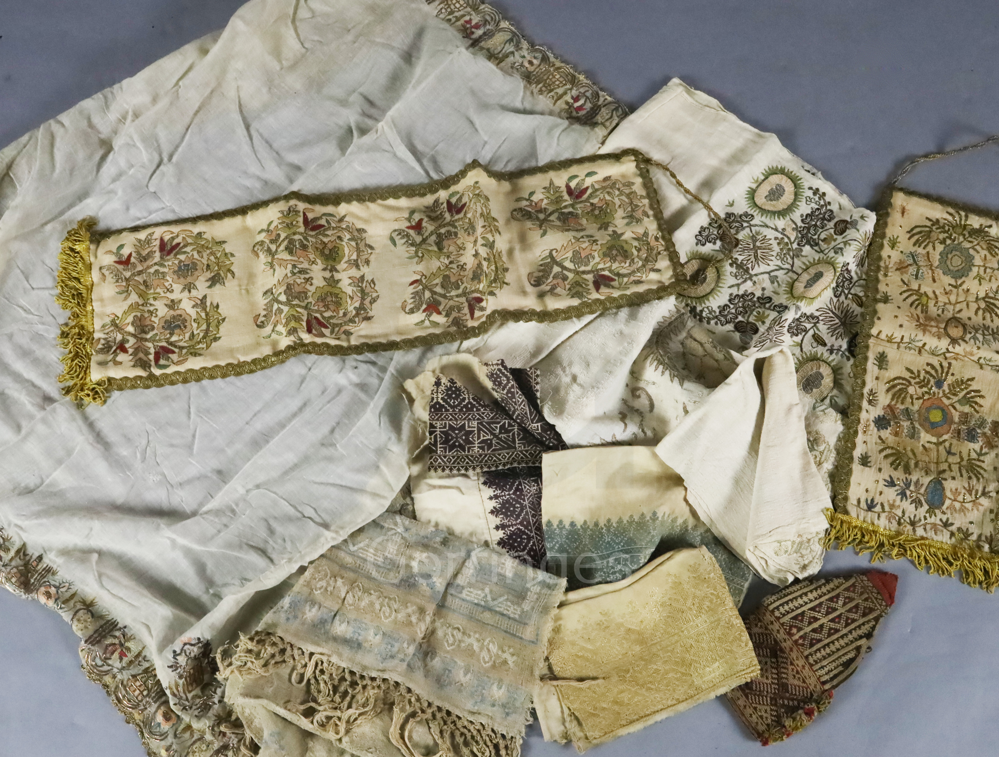 A fine handspun late 18th century Turkish cloth, embroidered with silk polychrome silk and