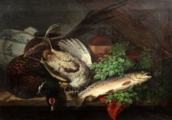 Thomas G Targett (1829-1929)oil on canvasStill life of a trout and game birds upon a ledgesigned and