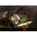 Thomas G Targett (1829-1929)oil on canvasStill life of a trout and game birds upon a ledgesigned and
