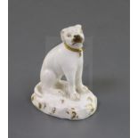 A Rockingham porcelain figure of a seated pointer, c.1830, on a gilt highlighted naturalistic