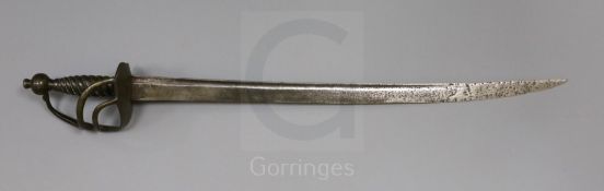 A mid 18th century 1751 pattern English Infantry hangar, the bronzed hilt engraved Anglesey Militia,