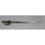 A mid 18th century 1751 pattern English Infantry hangar, the bronzed hilt engraved Anglesey Militia,