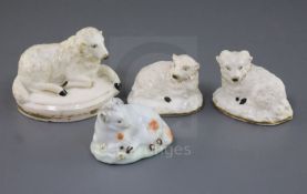 Three Rockingham porcelain figures of sheep, c.1830, all three gilt decorated, the largest