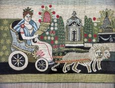 A pair of Regency silkwork panels, depicting Britannia in a chariot being drawn by lions and tigers,