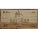 A case of twelve bottles of Chateau Segla, Margaux, 2009, in unopened wooden case.