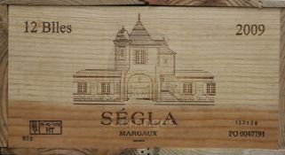 A case of twelve bottles of Chateau Segla, Margaux, 2009, in unopened wooden case.