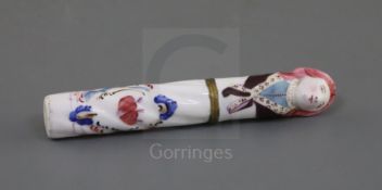 A Battersea or South Staffordshire enamel needle case, mid 18th century, decorated in St. Cloud