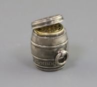 A Victorian novelty silver double-ended vinaigrette modelled as a barrel, by Henry William Dee, with