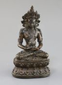A Tibetan silver and gold inlaid copper alloy figure of Amitayus/Amitabha, c.15th century, seated in