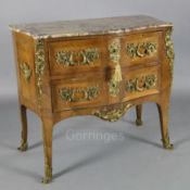 A Louis XV style ormolu mounted kingwood serpentine commode, with rouge marble top and two