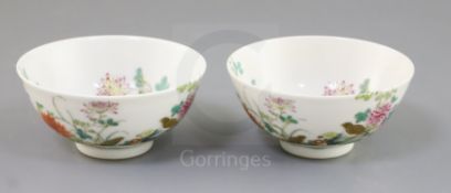 A pair of Chinese famille rose bowls, Xuantong mark and possibly of the period, each painted with